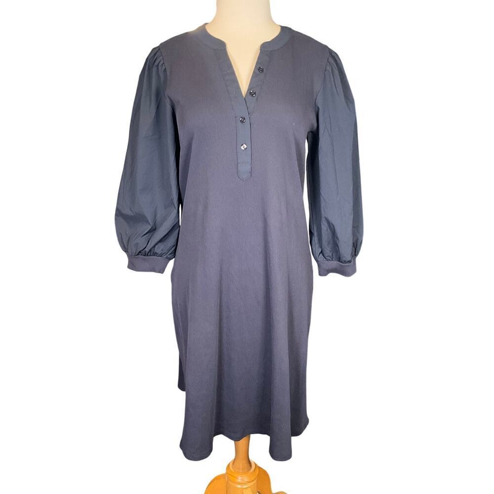 Chico’s Navy Ribbed Knit Midi Dress Puff Sleeve Henley Button Front Size 1 (8)
